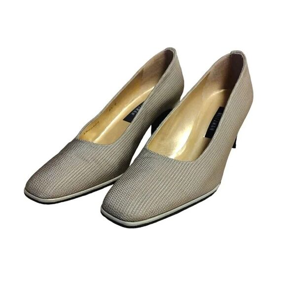 Stuart Weitzman VTG 90s Taupe Square Toe Textured Block Heels Womens 8.5 Pumps - Picture 2 of 14